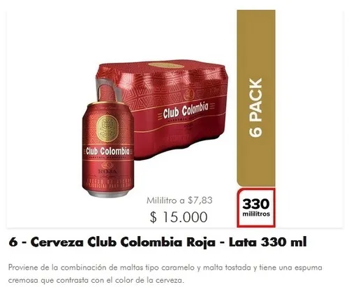 CERVEZA CLUB COLOMBIA ROJA 330  X 6