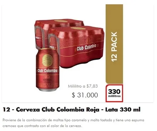 CERVEZA CLUB COLOMBIA ROJA 330  X 12