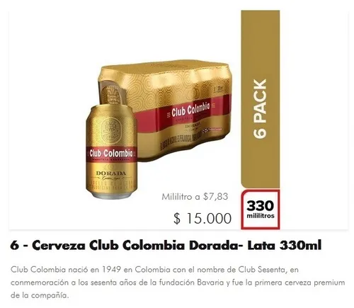 CERVEZA CLUB COLOMBIA DORADA 330  X 6