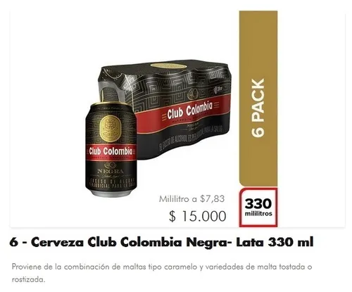 CERVEZA CLUB COLOMBIA NEGRA 330  X 6